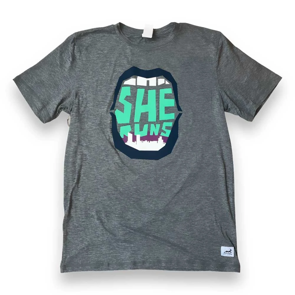 Unisex She Runs GR Mouth Skyline Perf Tech SS - Heather Gray/Navy/Pink 3 Unisex She Runs GR Mouth Skyline Perf Tech SS - Heather Gray/Navy/Pink
